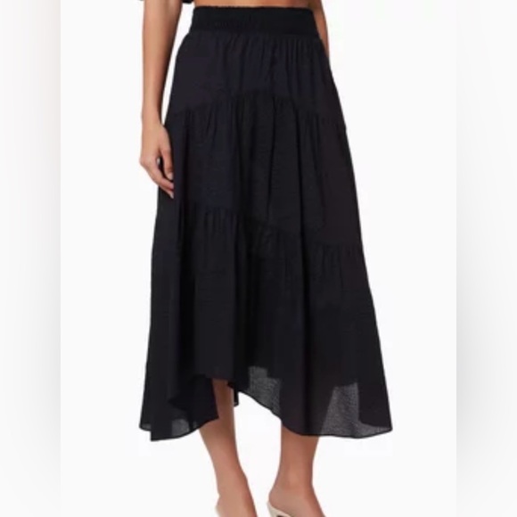 FRAME Gathered Seam Midi Skirt M Navy Tiered High Low Cotton - Picture 2 of 7